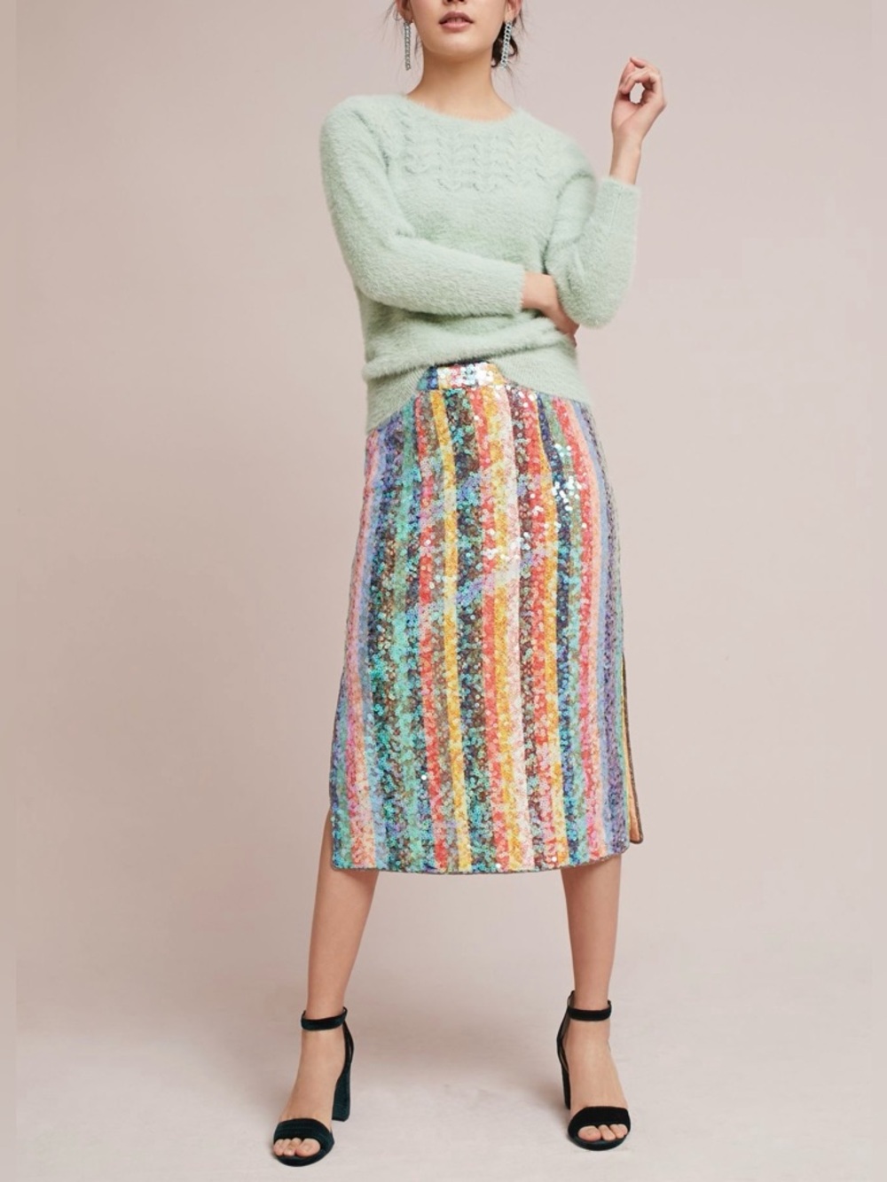 Anthropologie Maeve Sequined Palette Midi Skirt Pink Size 10 - Picture 3 of 14